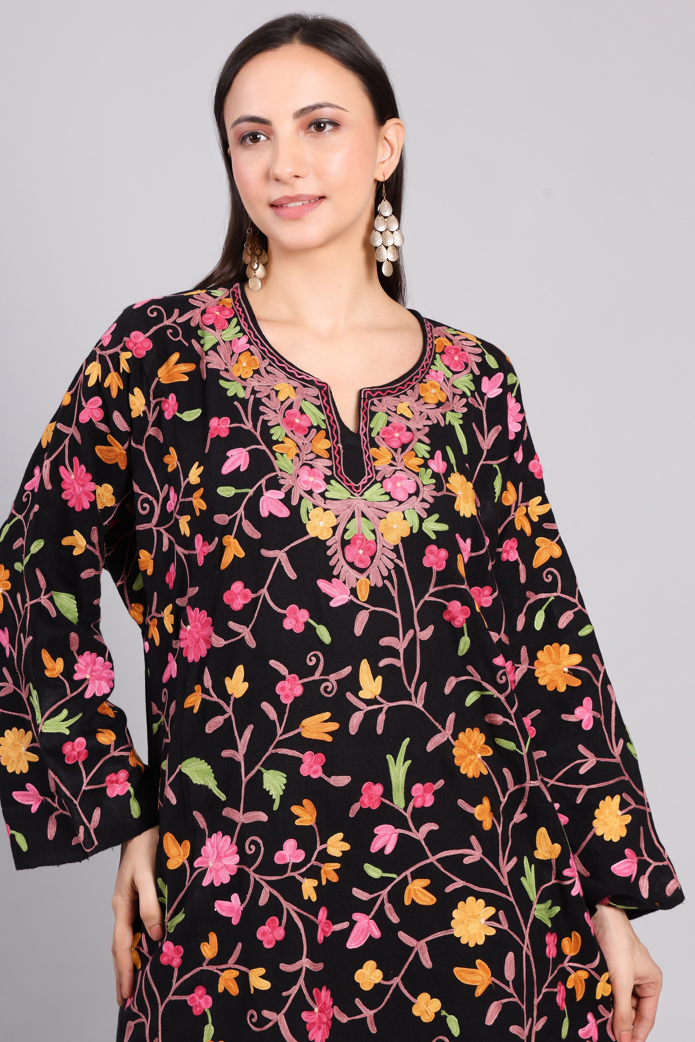 Midnight Garden Kashmiri Pheran with Jaal Aari Embroidery