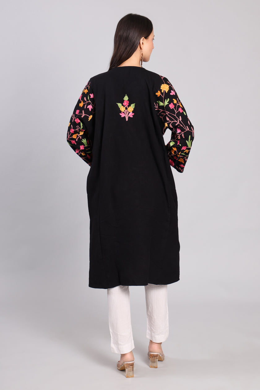 Midnight Garden Kashmiri Pheran with Jaal Aari Embroidery