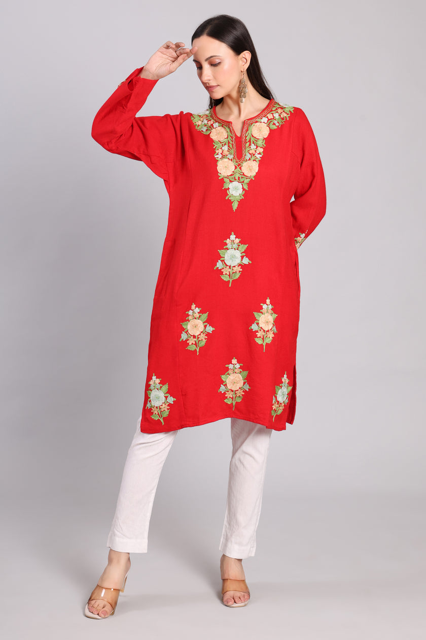 Scarlet Reverie Red Kashmiri Pheran with Aari Embroidery