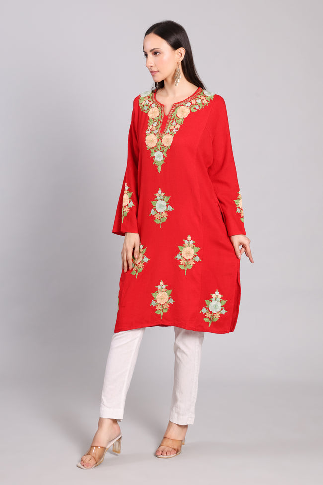 Scarlet Reverie Red Kashmiri Pheran with Aari Embroidery