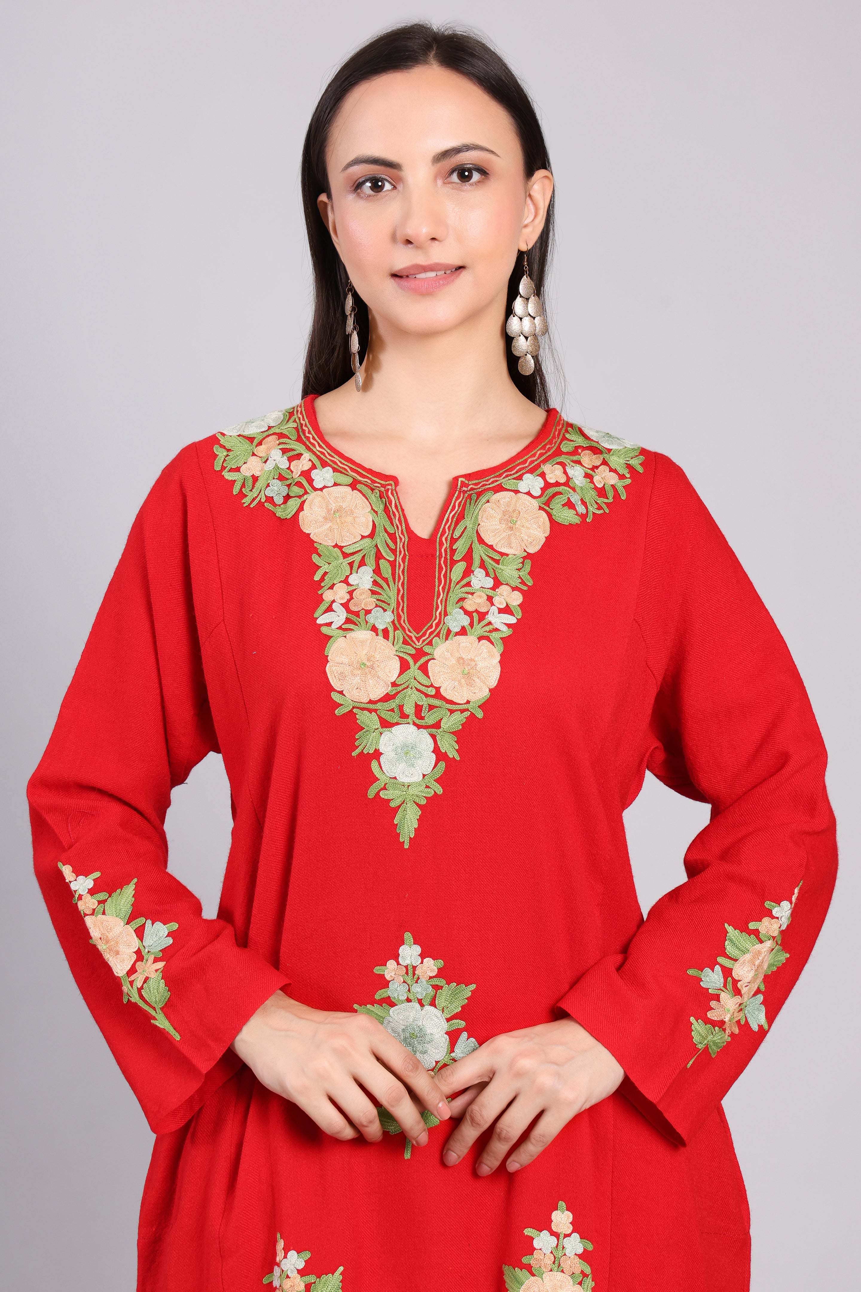 Scarlet Reverie Red Kashmiri Pheran with Aari Embroidery