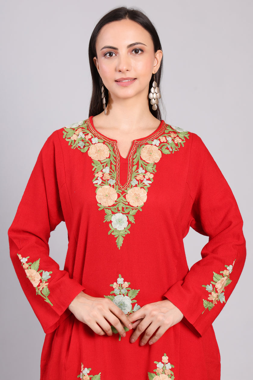 Scarlet Reverie Red Kashmiri Pheran with Aari Embroidery