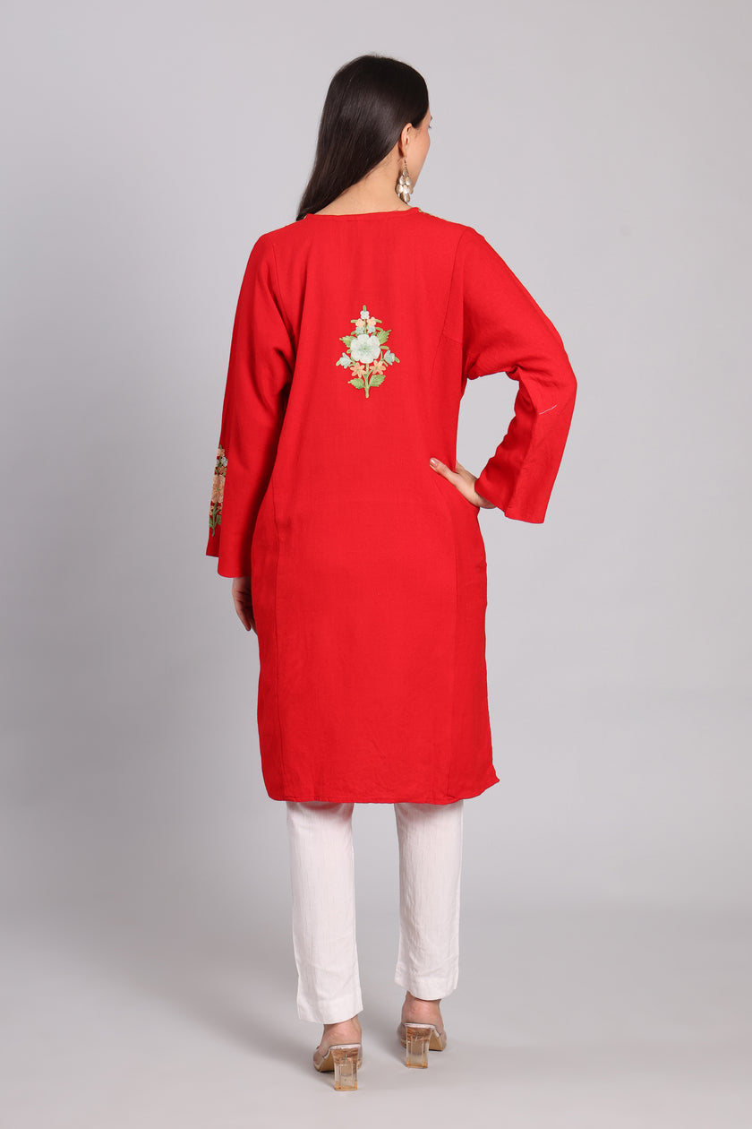 Scarlet Reverie Red Kashmiri Pheran with Aari Embroidery