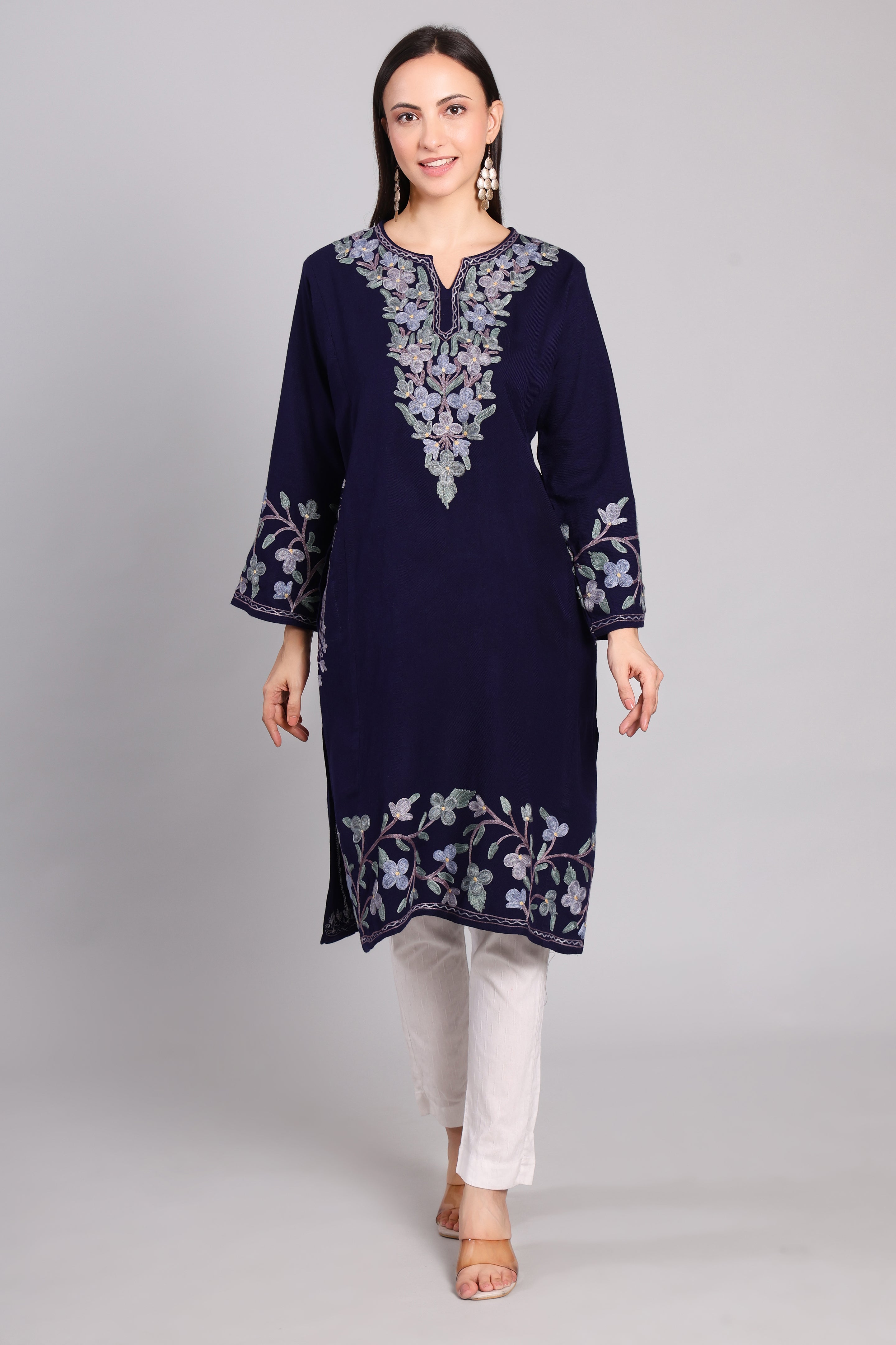 Deep Navy Azure Eclipse Kashmiri Pheran with Aari Embroidery