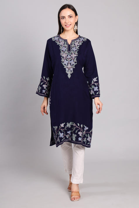 Deep Navy Azure Eclipse Kashmiri Pheran with Aari Embroidery