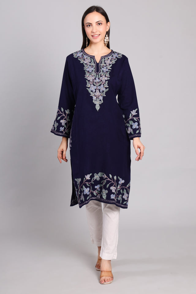 Deep Navy Azure Eclipse Kashmiri Pheran with Aari Embroidery