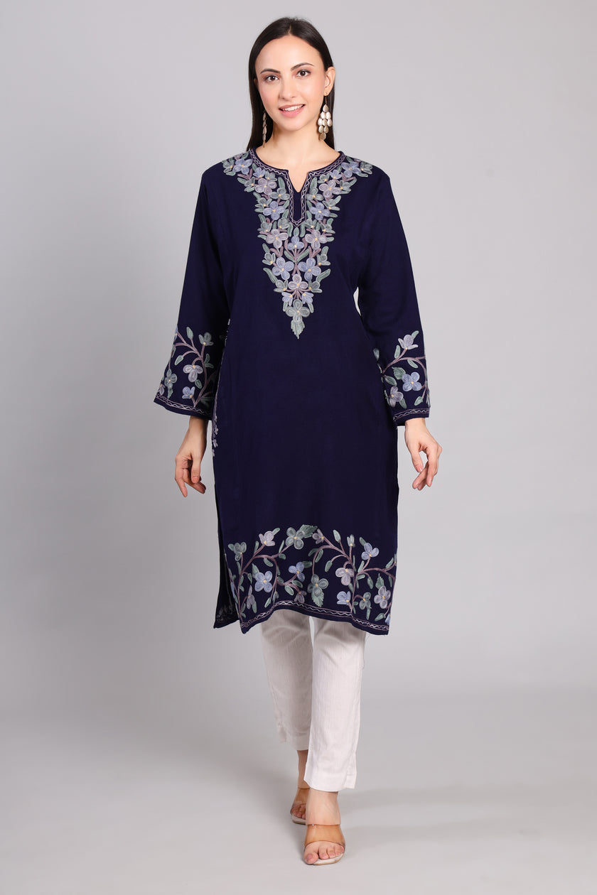 Deep Navy Azure Eclipse Kashmiri Pheran with Aari Embroidery