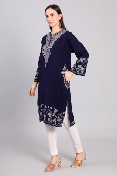 Deep Navy Azure Eclipse Kashmiri Pheran with Aari Embroidery