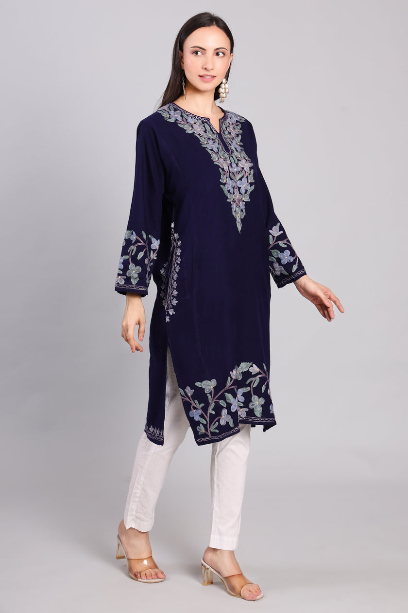 Deep Navy Azure Eclipse Kashmiri Pheran with Aari Embroidery
