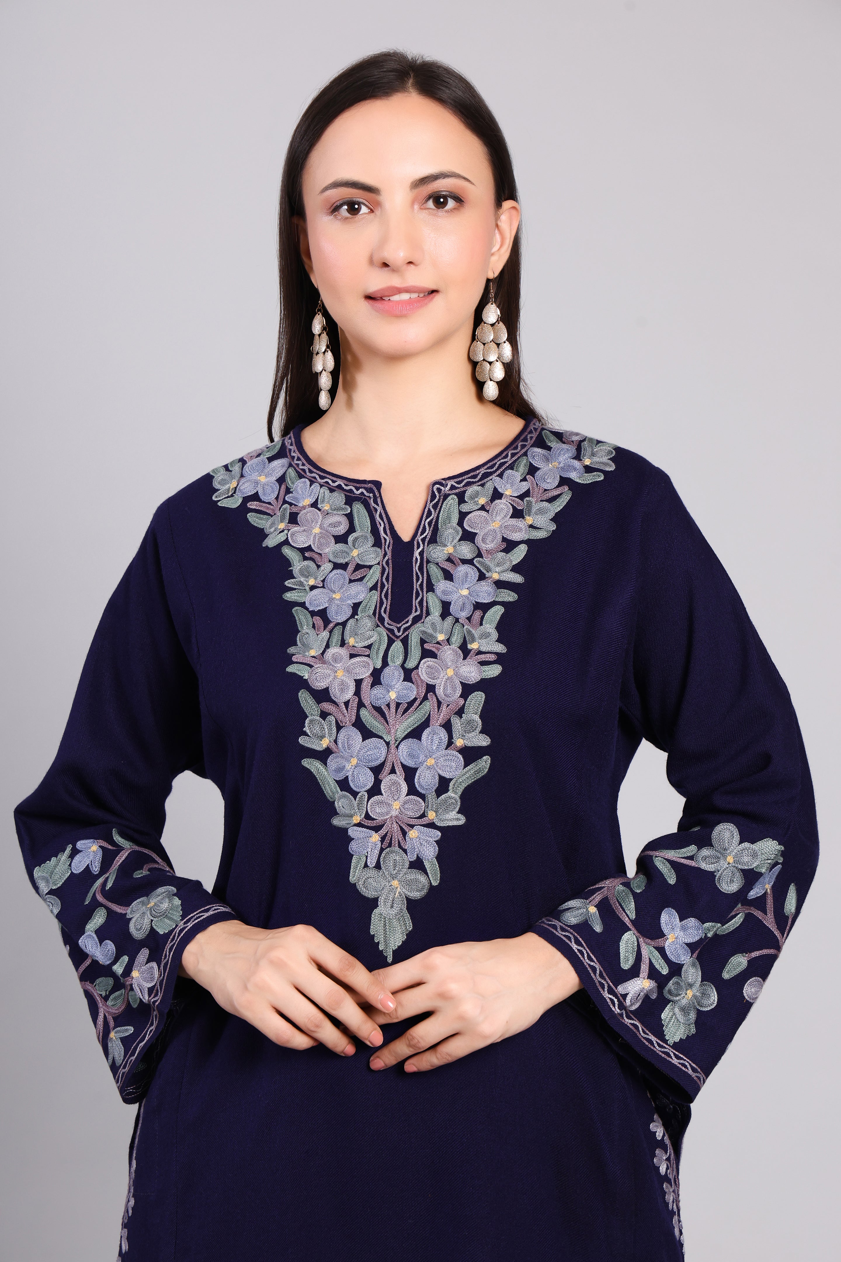 Deep Navy Azure Eclipse Kashmiri Pheran with Aari Embroidery