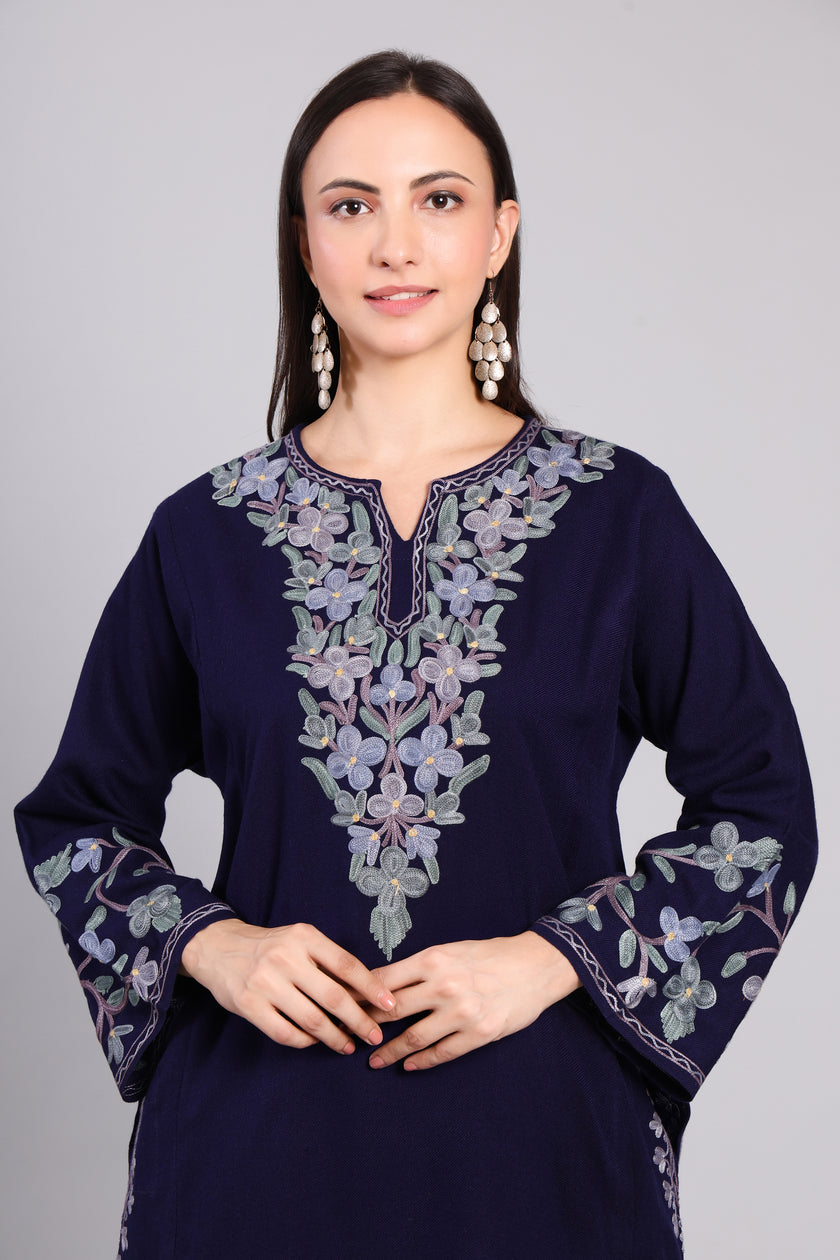 Deep Navy Azure Eclipse Kashmiri Pheran with Aari Embroidery