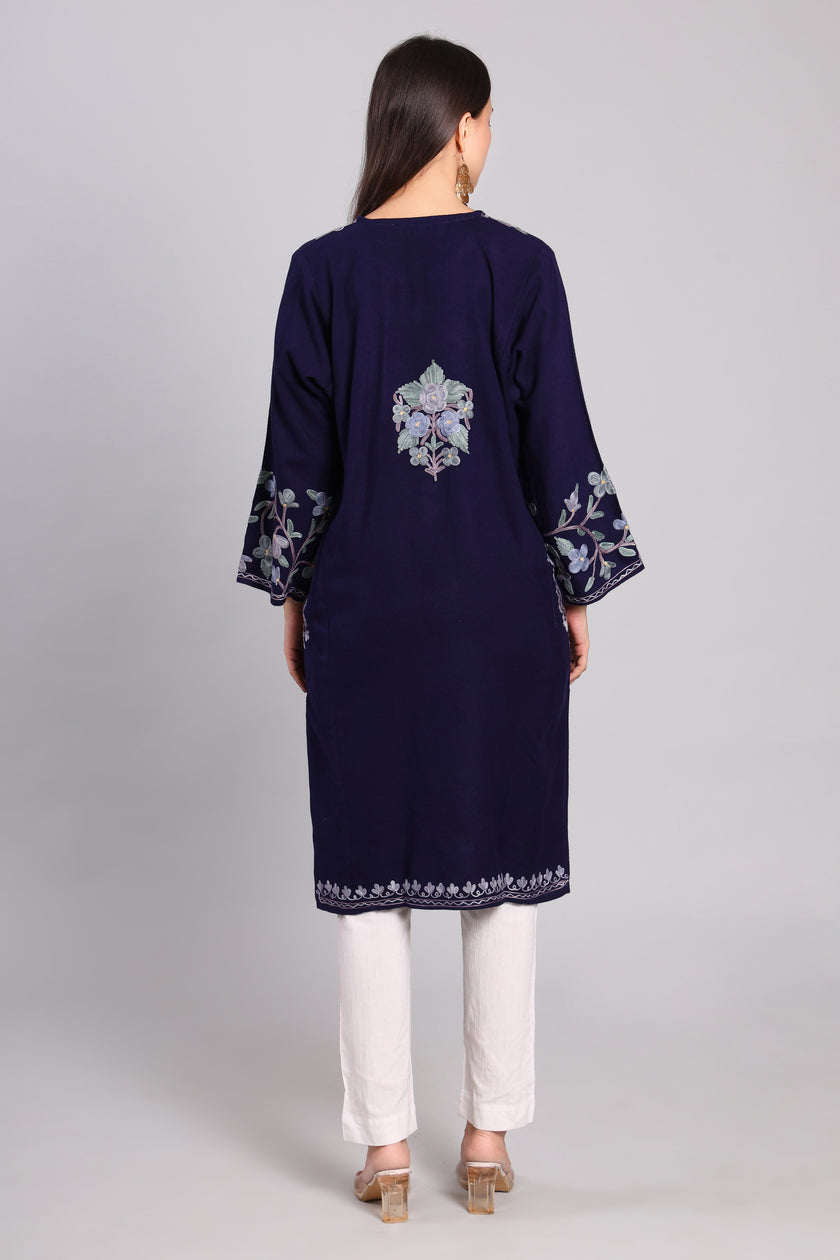 Deep Navy Azure Eclipse Kashmiri Pheran with Aari Embroidery