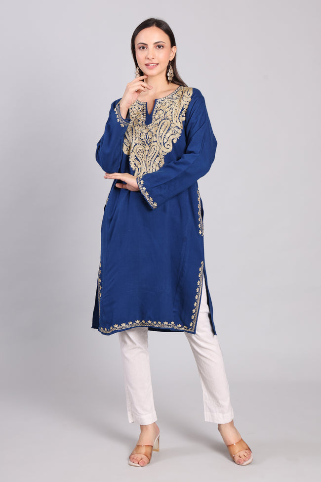 Royal Azure Kashmiri Pheran with Zari Paisley Embroidery