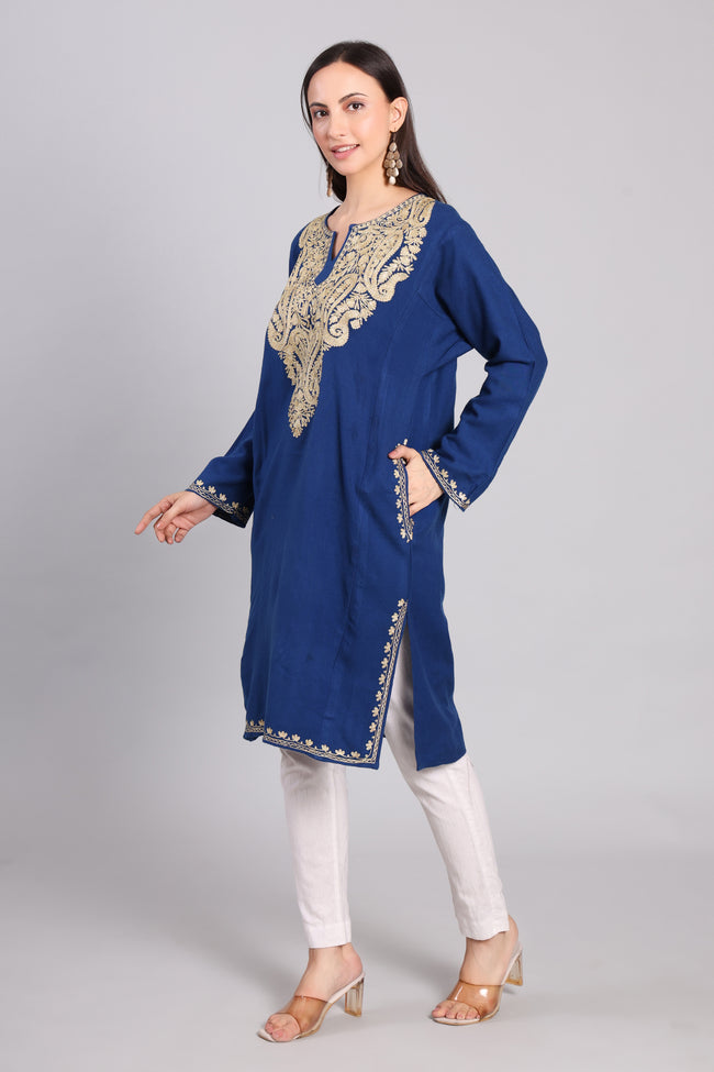 Royal Azure Kashmiri Pheran with Zari Paisley Embroidery