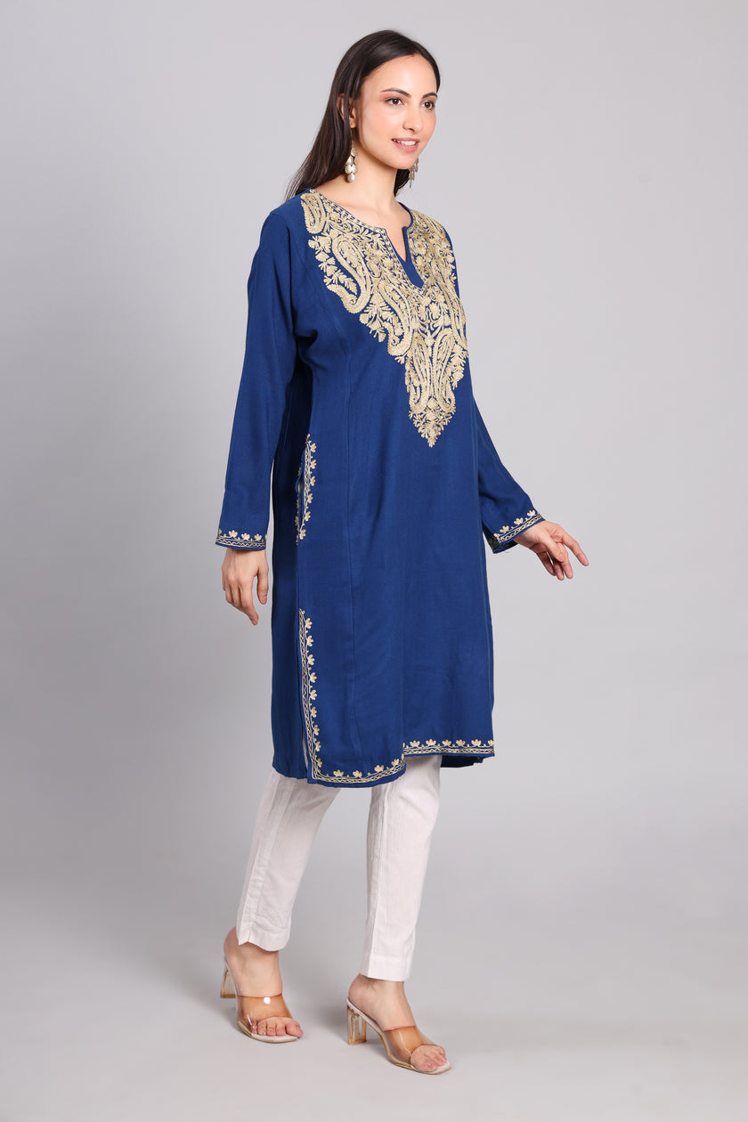 Royal Azure Kashmiri Pheran with Zari Paisley Embroidery