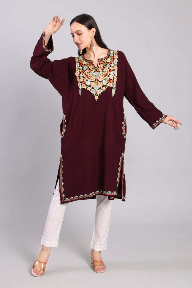Deep Plum with Multicolor Aari Embroidery Woollen Kashmiri Pheran