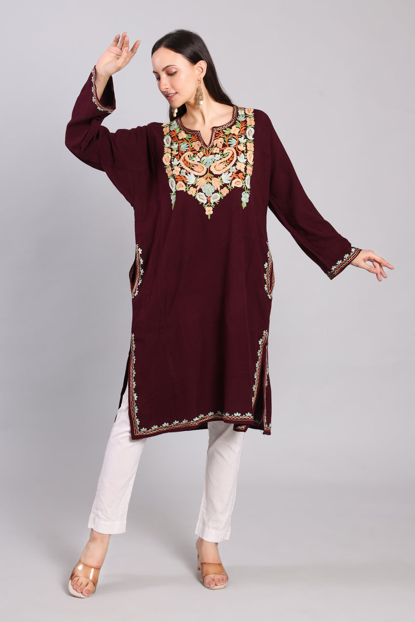 Deep Plum with Multicolor Aari Embroidery Woollen Kashmiri Pheran