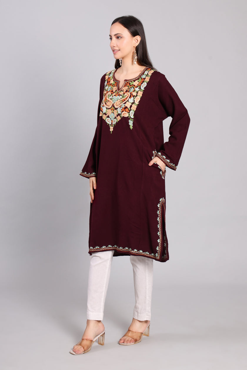 Deep Plum with Multicolor Aari Embroidery Woollen Kashmiri Pheran