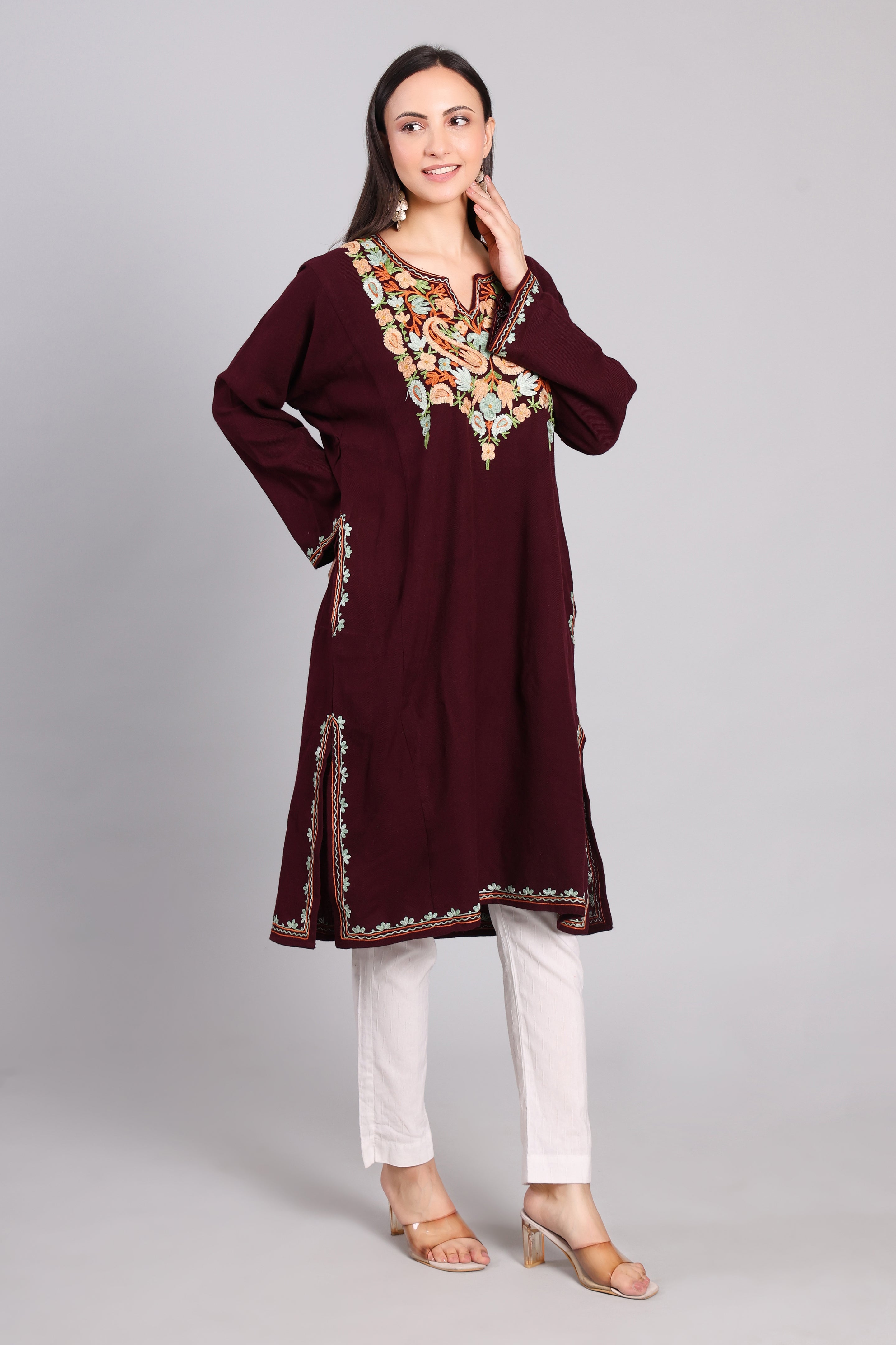 Deep Plum with Multicolor Aari Embroidery Woollen Kashmiri Pheran