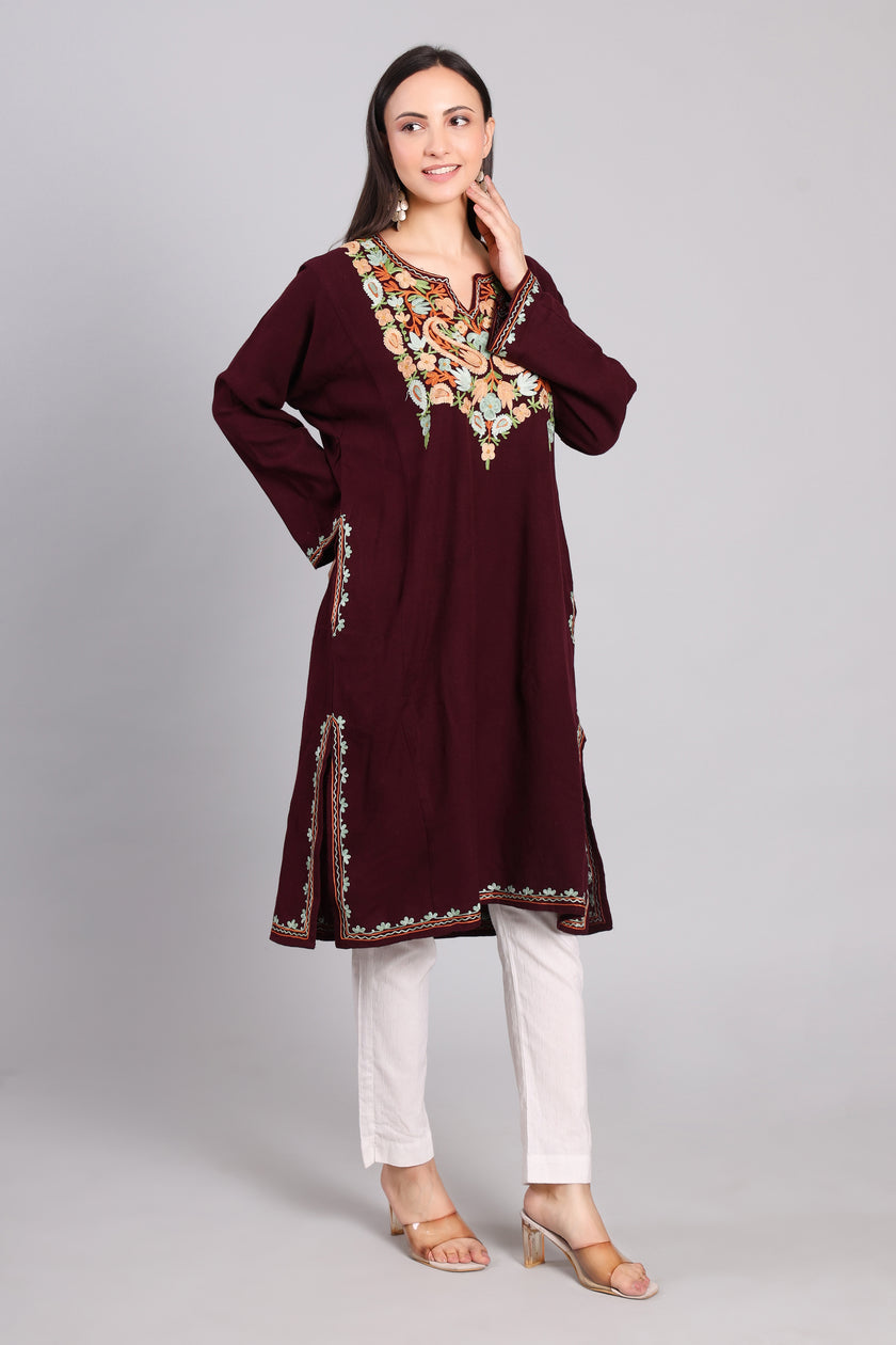 Deep Plum with Multicolor Aari Embroidery Woollen Kashmiri Pheran