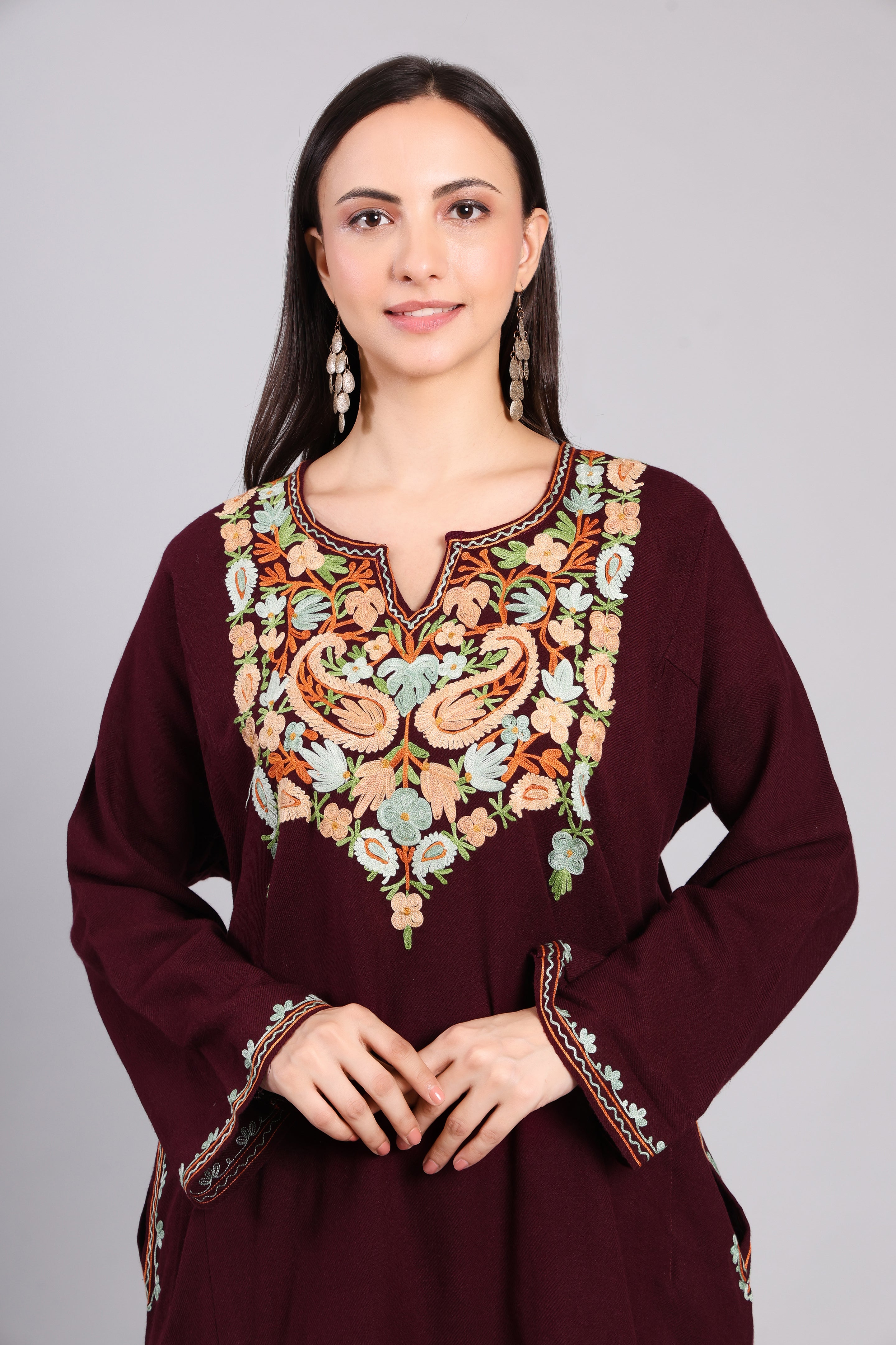 Deep Plum with Multicolor Aari Embroidery Woollen Kashmiri Pheran