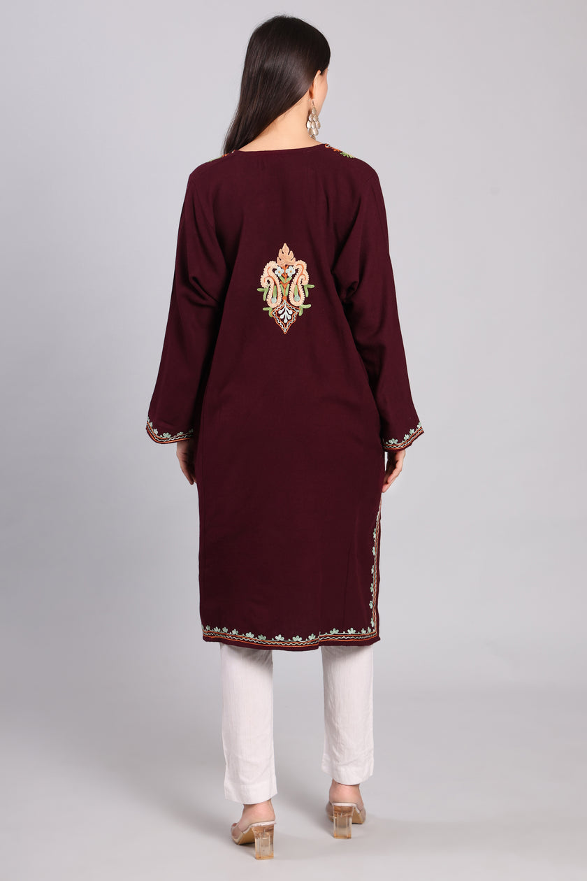 Deep Plum with Multicolor Aari Embroidery Woollen Kashmiri Pheran
