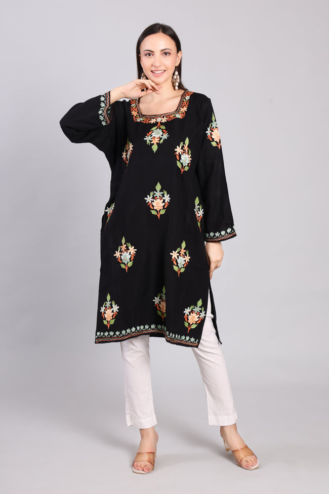 Midnight Bloom Kashmiri Pheran with Aari Embroidery