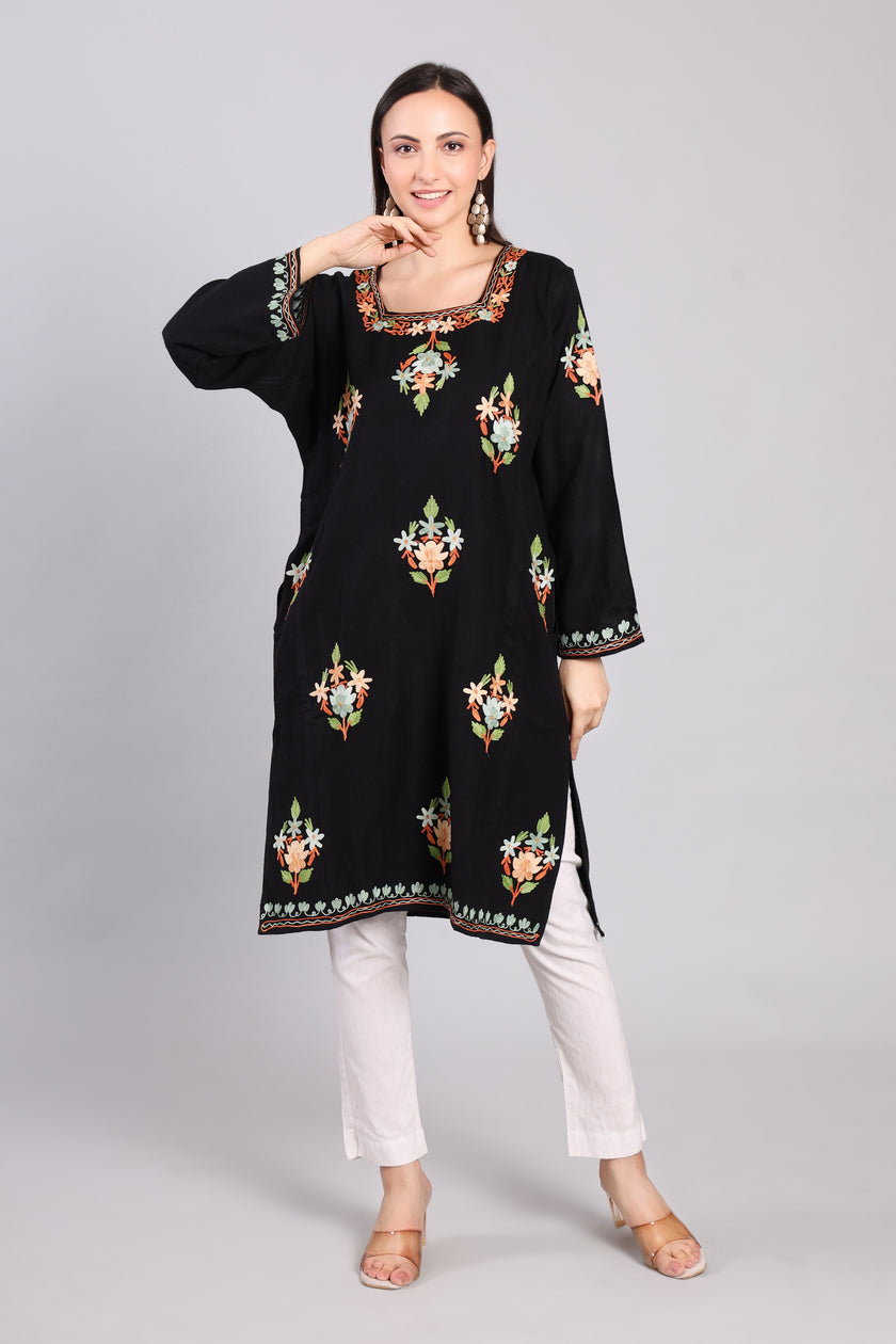 Midnight Bloom Kashmiri Pheran with Aari Embroidery
