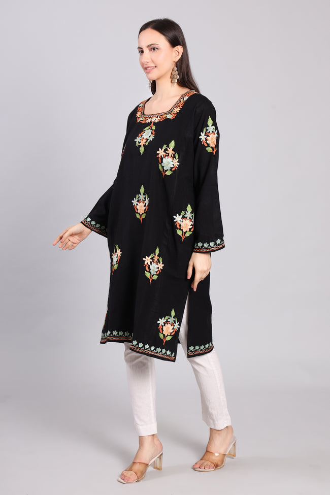 Midnight Bloom Kashmiri Pheran with Aari Embroidery