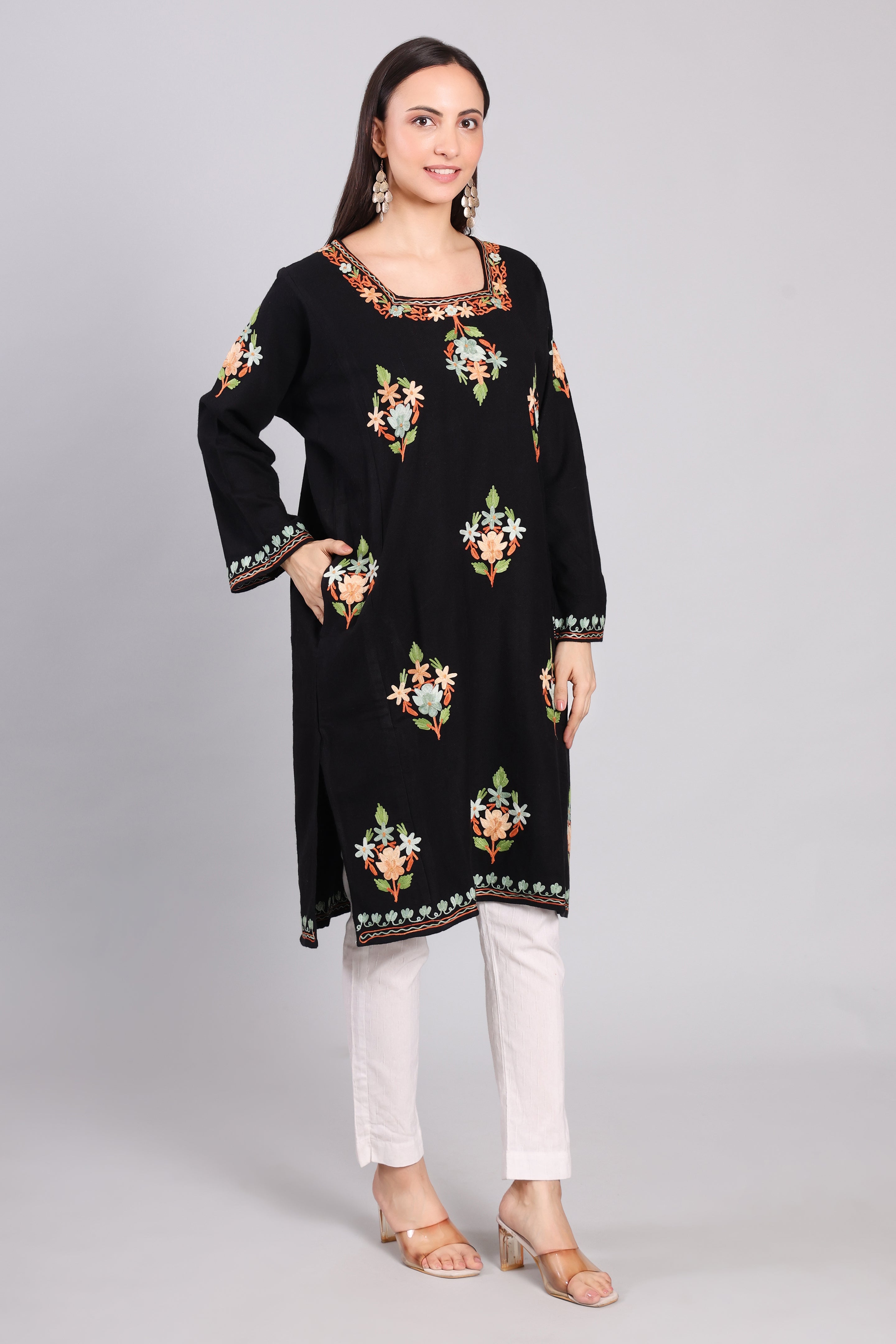 Midnight Bloom Kashmiri Pheran with Aari Embroidery