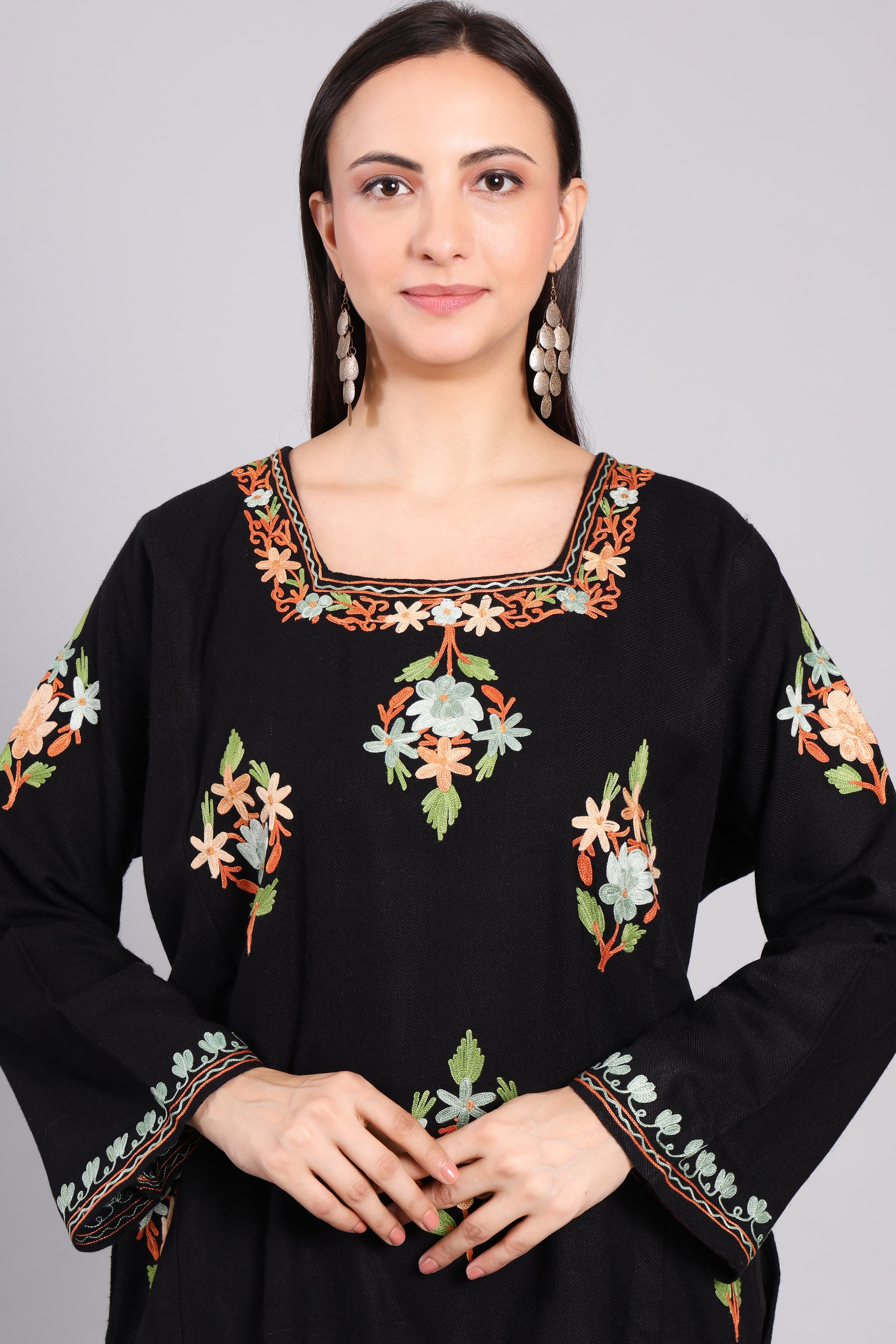 Midnight Bloom Kashmiri Pheran with Aari Embroidery