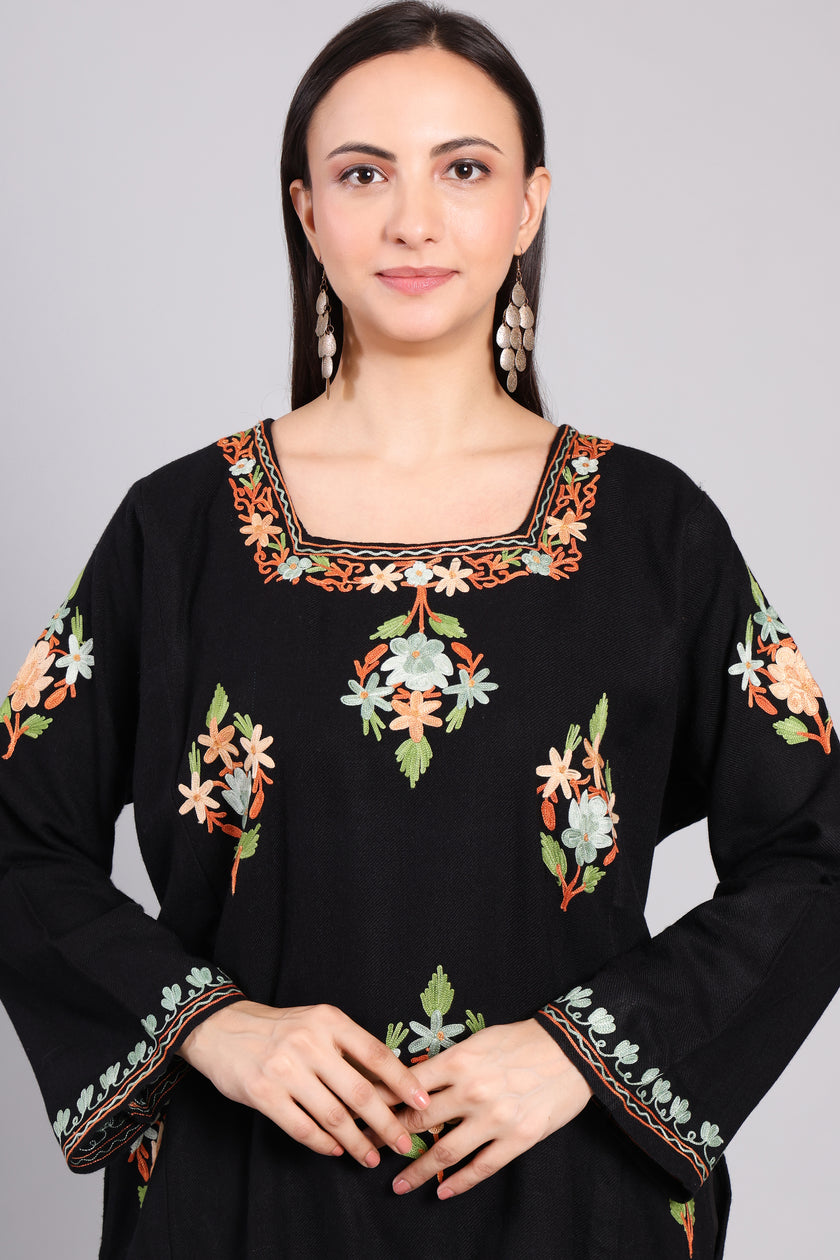 Midnight Bloom Kashmiri Pheran with Aari Embroidery