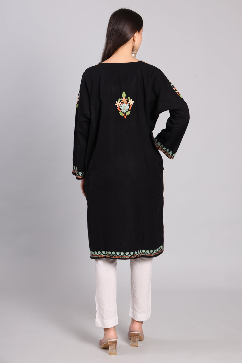 Midnight Bloom Kashmiri Pheran with Aari Embroidery