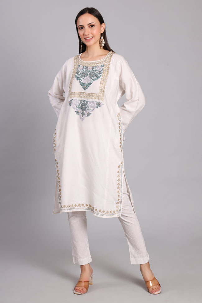Moonlit Cream Kashmiri Pheran with Aari and Zari Embroidery