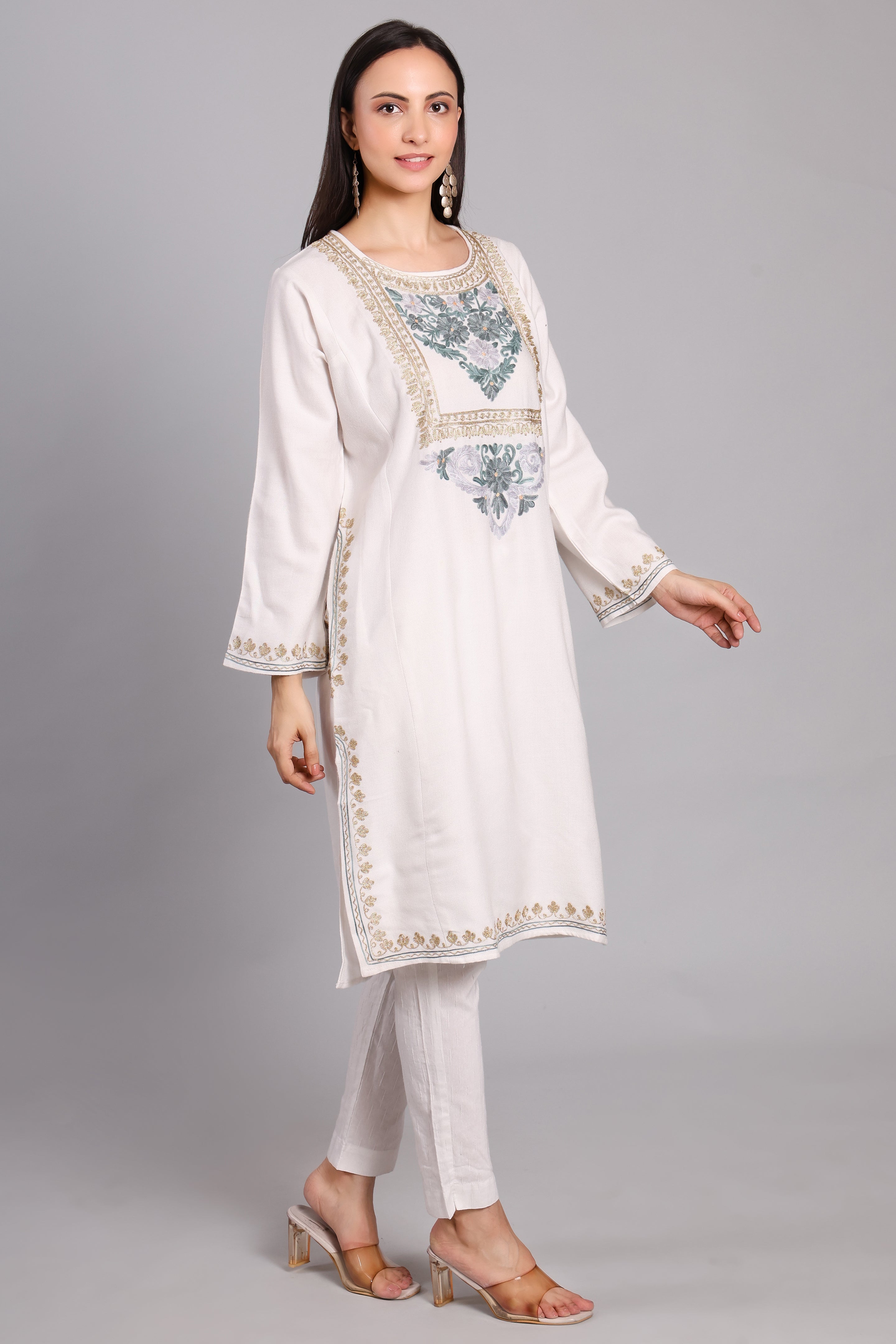 Moonlit Cream Kashmiri Pheran with Aari and Zari Embroidery