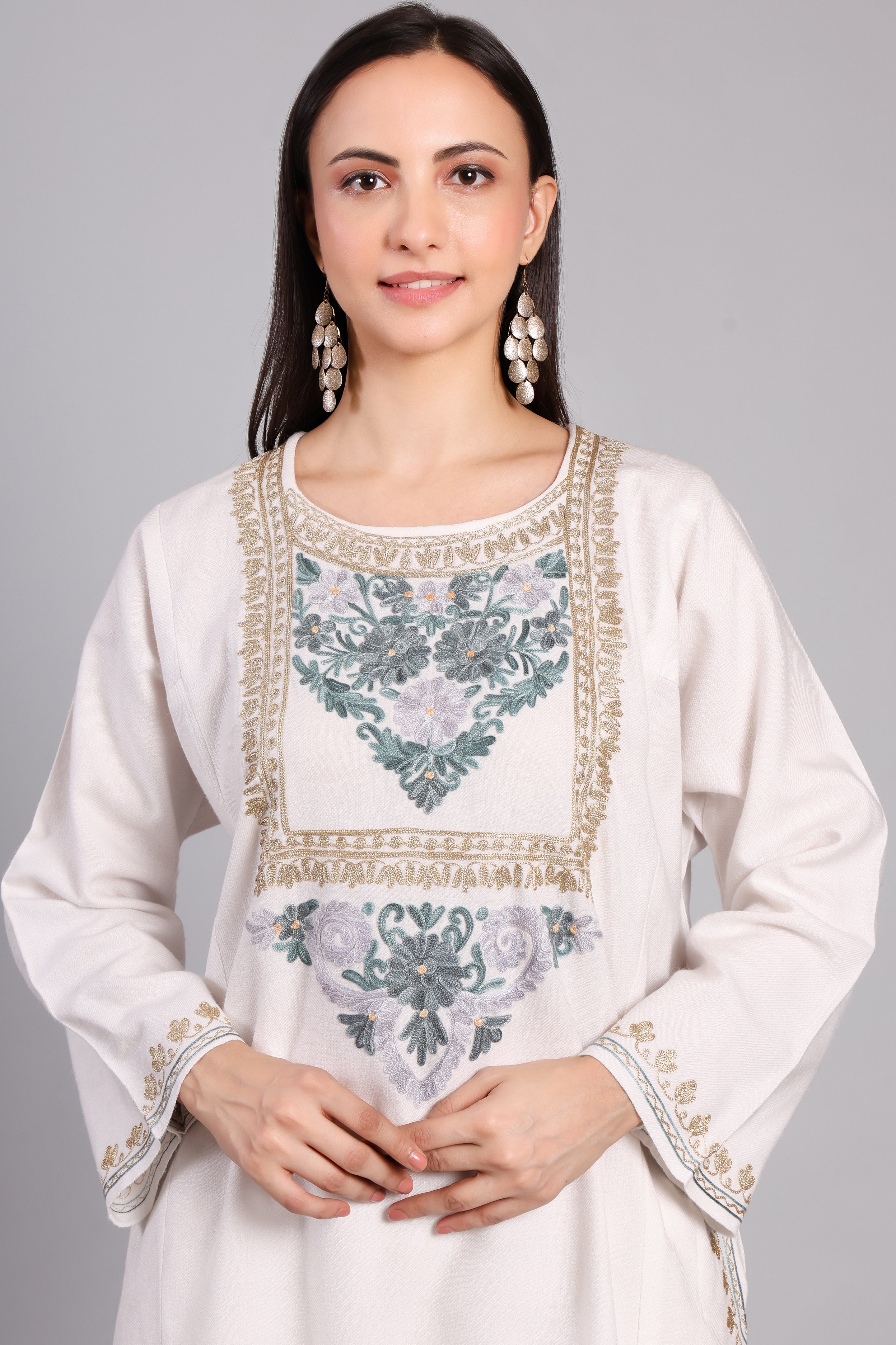 Moonlit Cream Kashmiri Pheran with Aari and Zari Embroidery