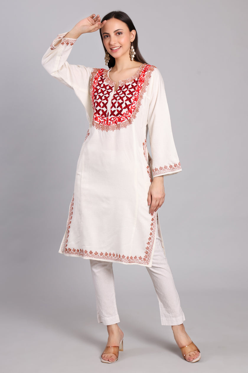Crimson Aura Kashmiri Pheran with Aari and Zari Embroidery