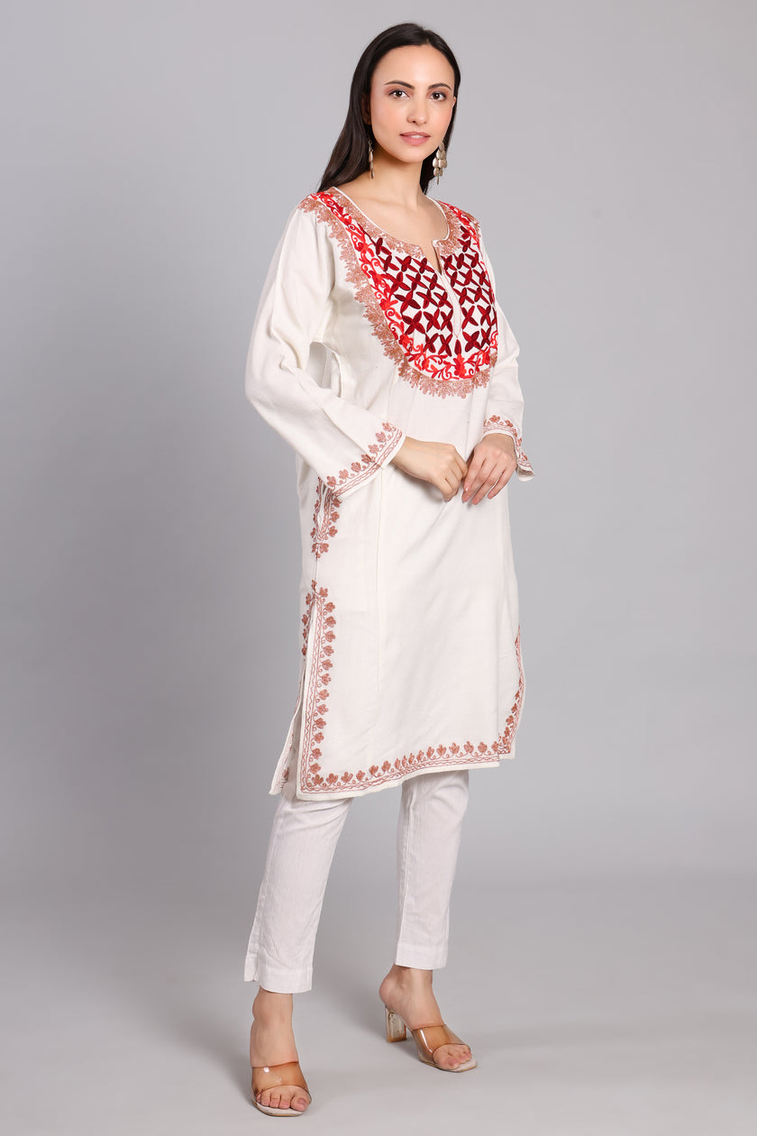 Crimson Aura Kashmiri Pheran with Aari and Zari Embroidery