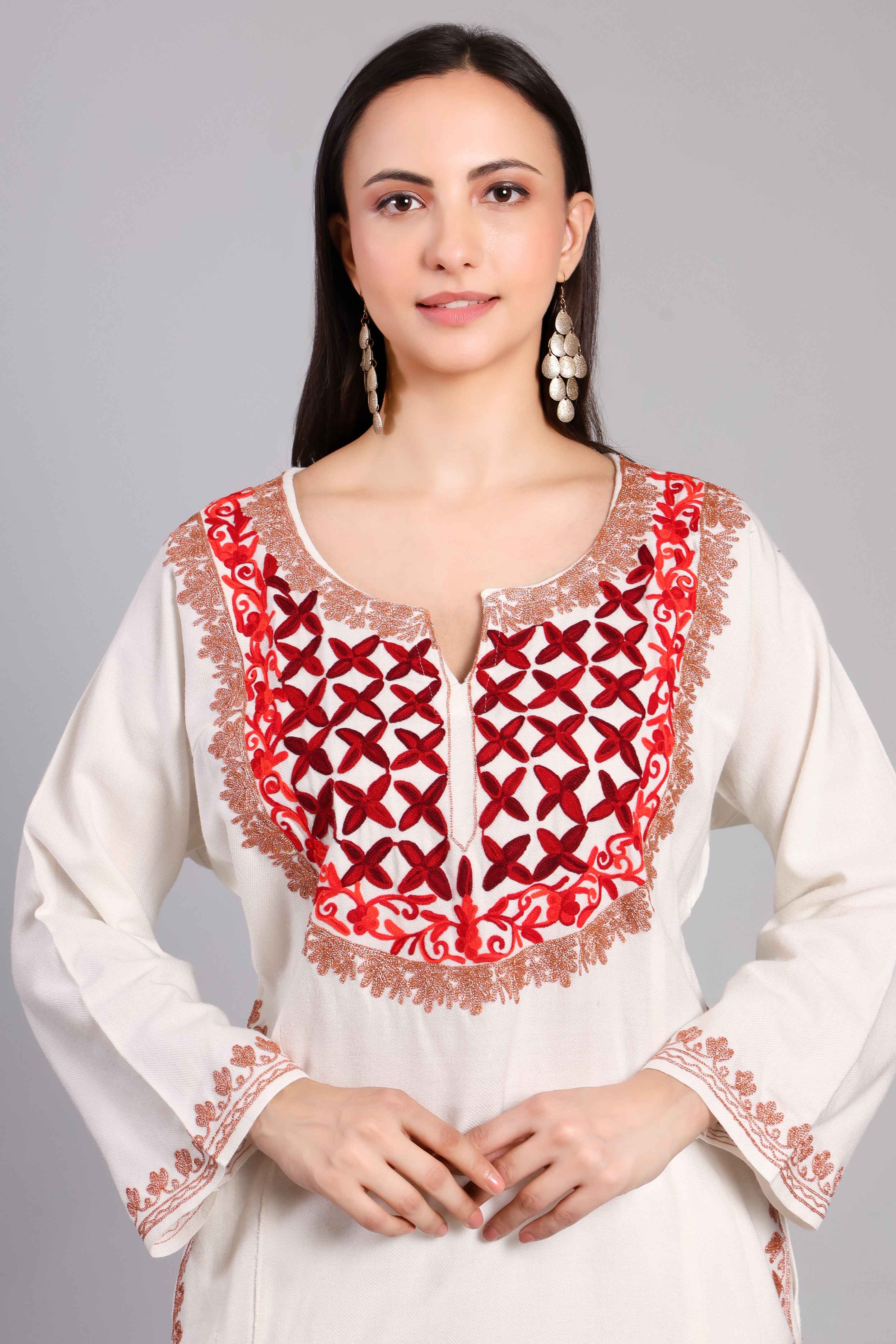 Crimson Aura Kashmiri Pheran with Aari and Zari Embroidery