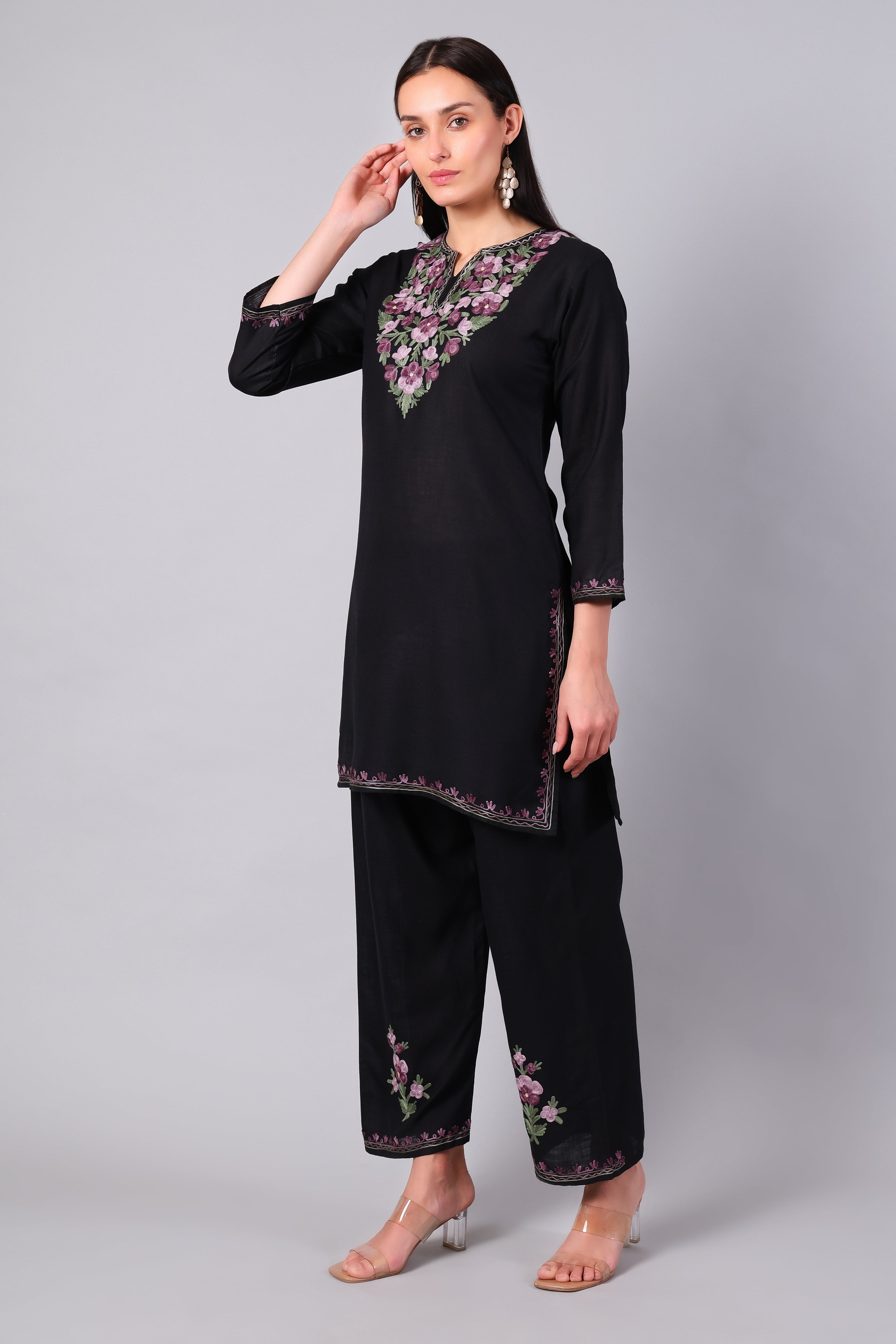 Full outfit of black Aari embroidered co-ord set with straight pants for women