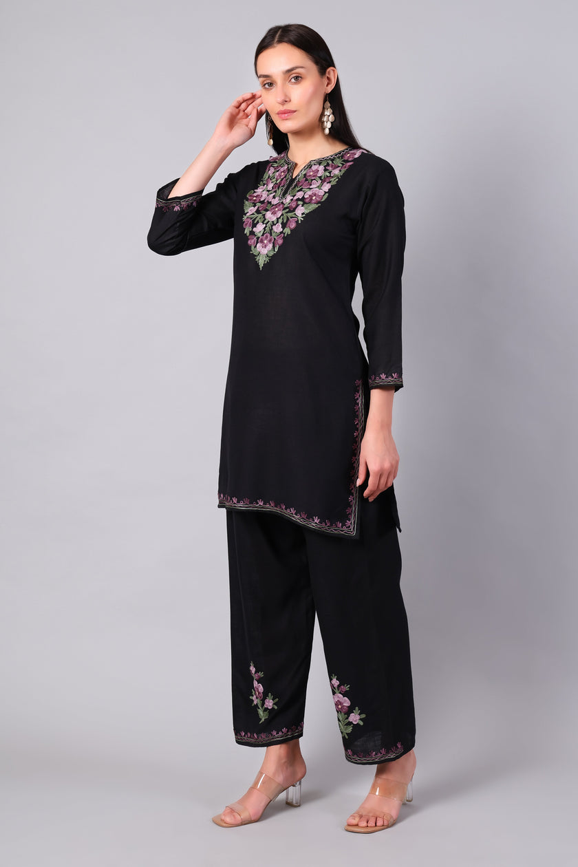 Full outfit of black Aari embroidered co-ord set with straight pants for women