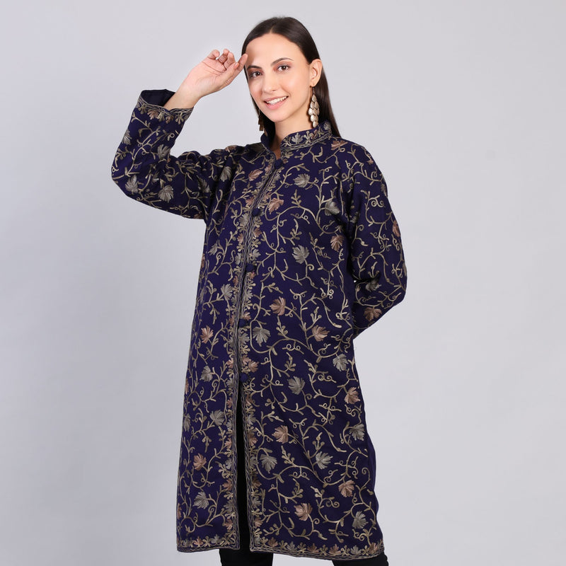 Naaz-e-Gulistan Midnight Blue Kashmiri Wool Jacket with Aari Embroidery