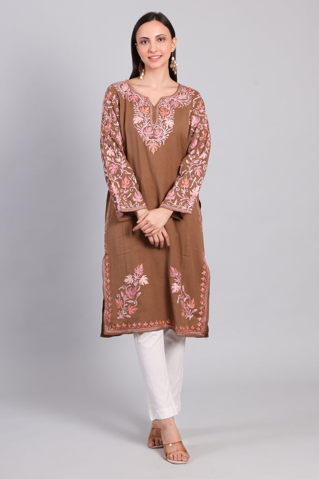 Khaak-e-Gulabi — Brown Pheran with Rose Pink Aari Kashmiri Embroidery-Front