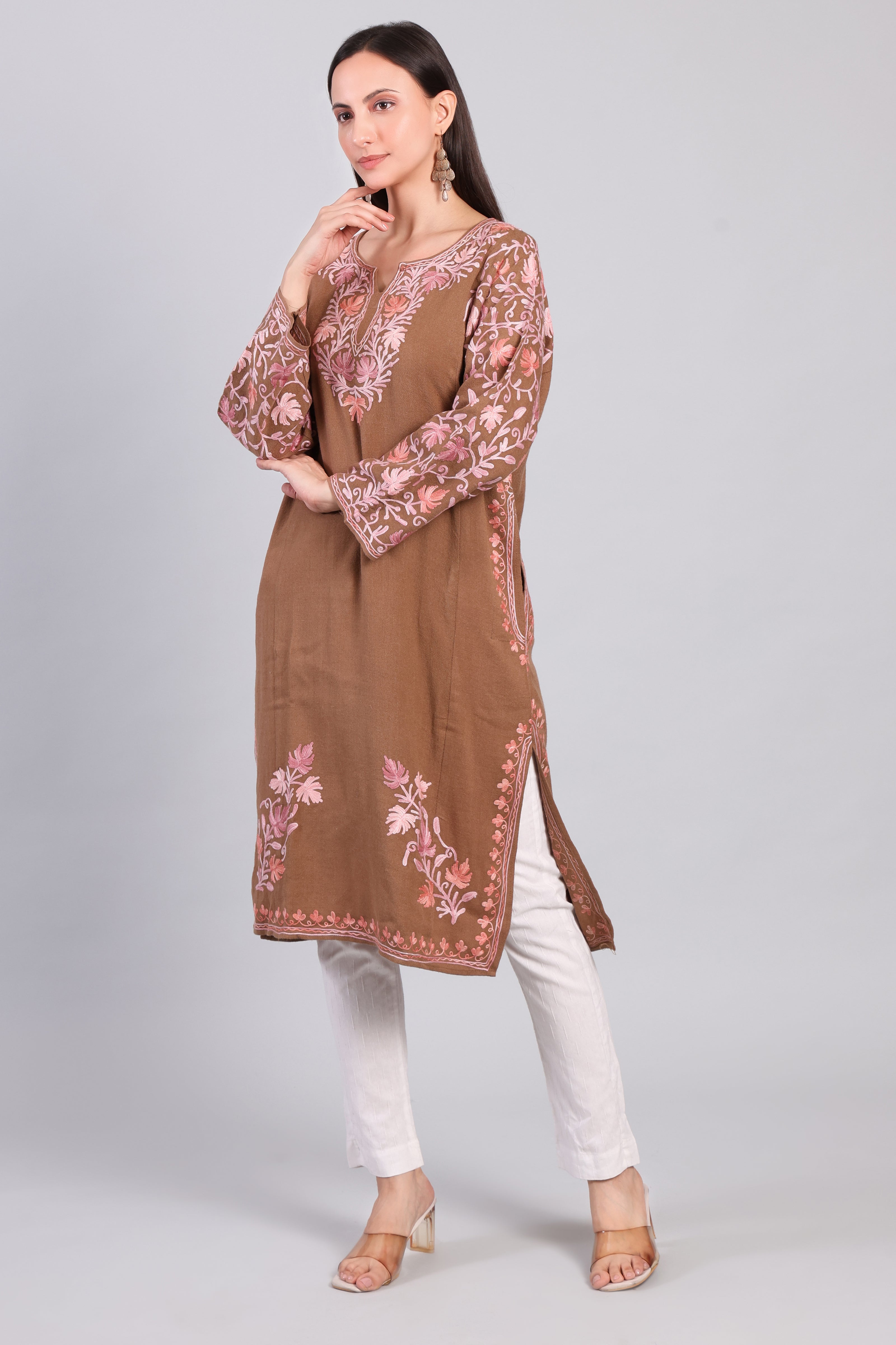 Khaak-e-Gulabi — Brown Pheran with Rose Pink Aari Kashmiri Embroidery-left