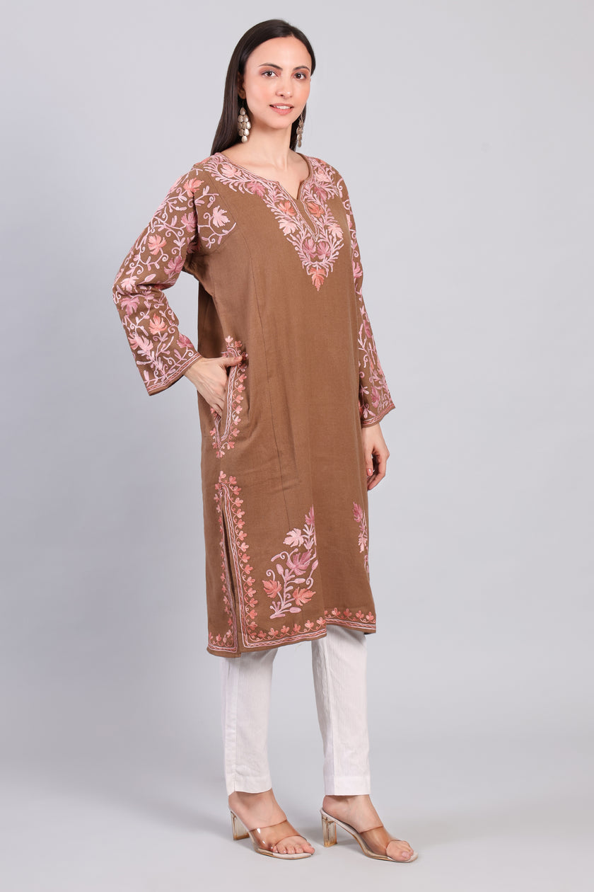 Khaak-e-Gulabi — Brown Pheran with Rose Pink Aari Kashmiri Embroidery-right