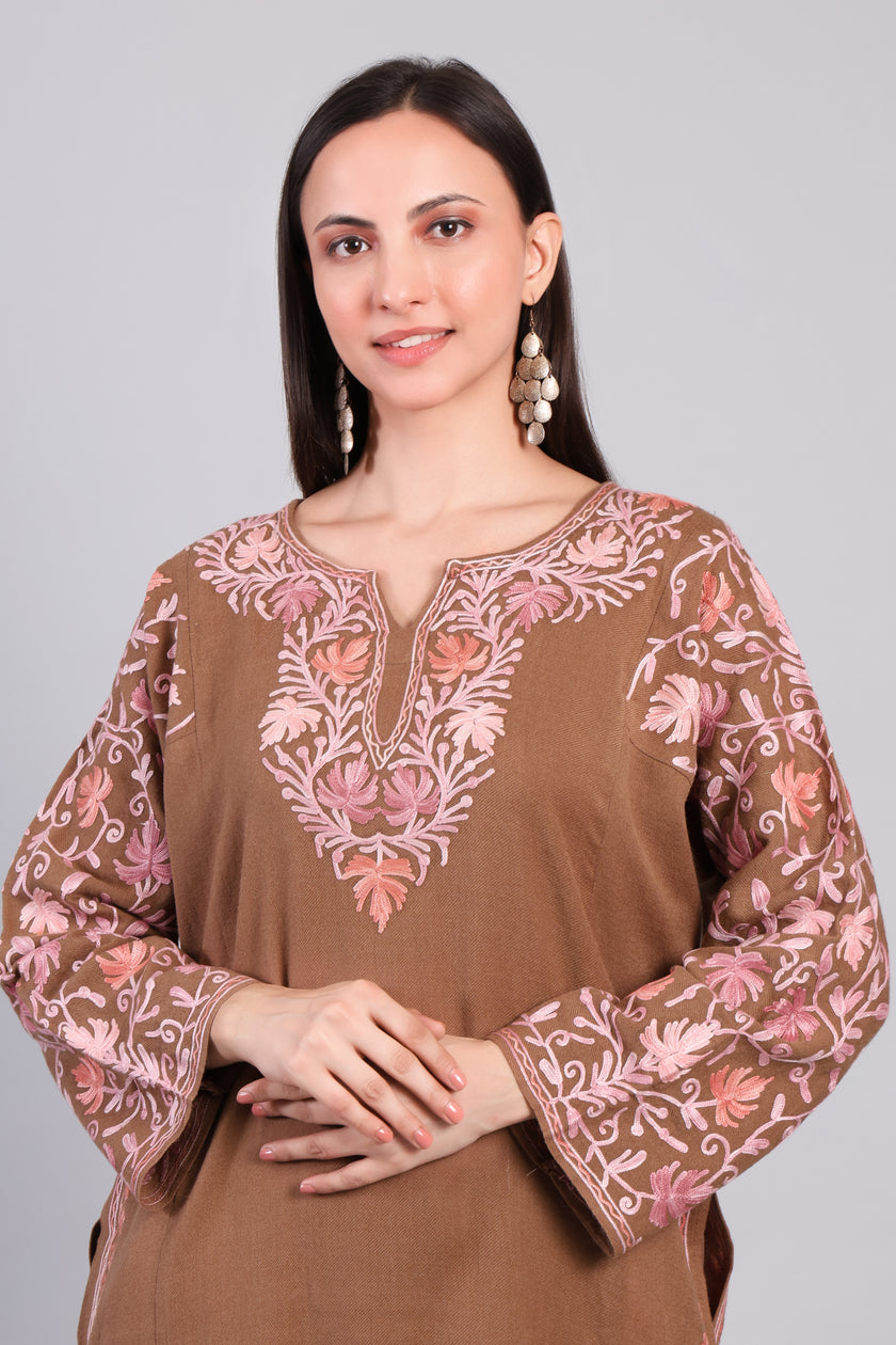 Khaak-e-Gulabi — Brown Pheran with Rose Pink Aari Kashmiri Embroidery-zoom