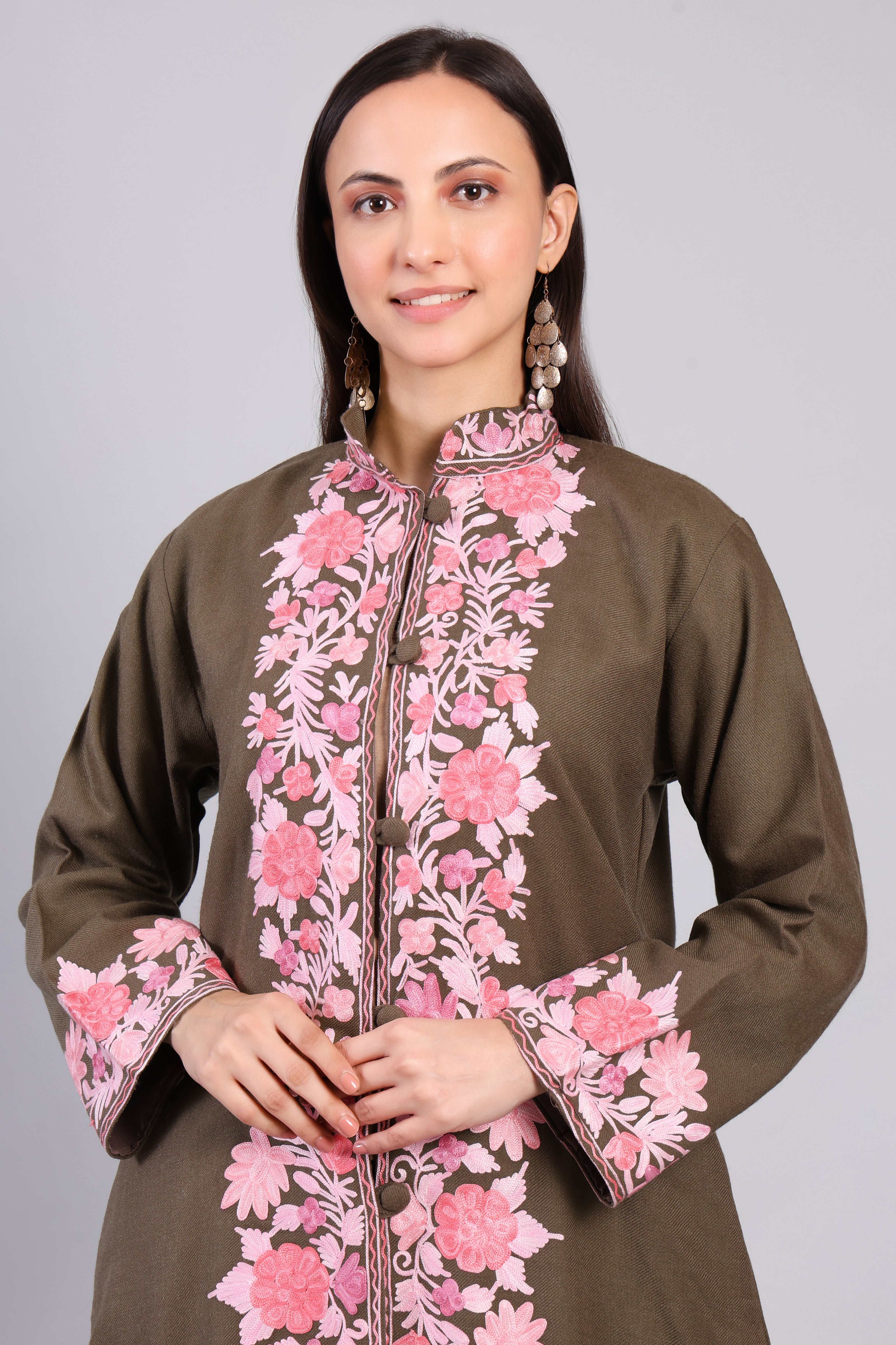 Khaak-e-Gulabi Jacket with Kashmiri Aari Embroidery-Front-Zoom