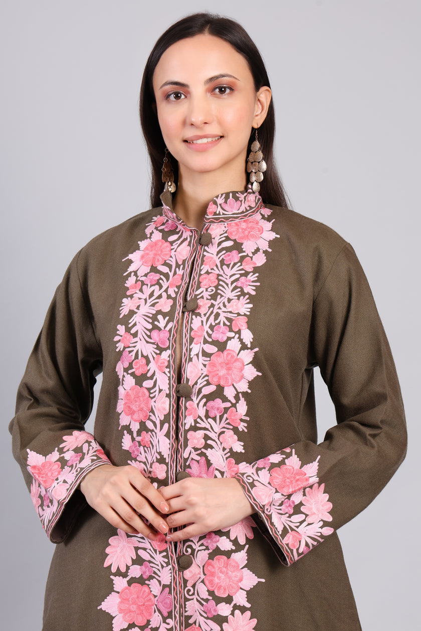Khaak-e-Gulabi Jacket with Kashmiri Aari Embroidery-Front-Zoom