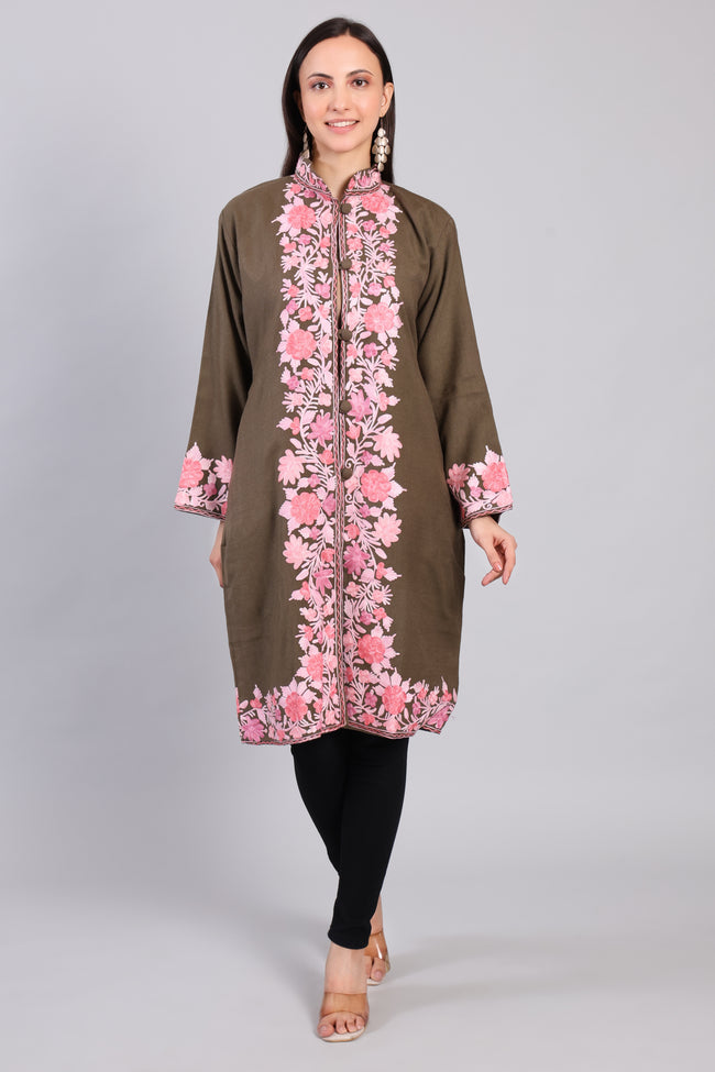 Khaak-e-Gulabi Jacket with Kashmiri Aari Embroidery-Front