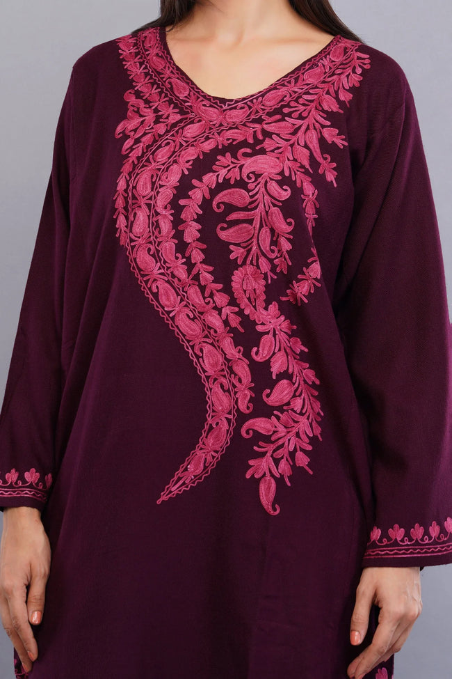Magenta Red Kashmiri Pheran with Pink Paisley Aari Embroidery - Kashmiri Pheran